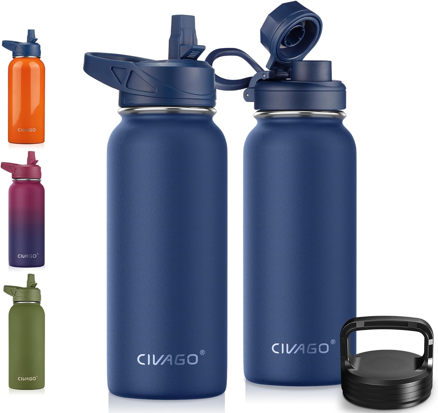 CIVAGO 32 oz Insulated Water Bottle With Straw, Stainless Steel Sports Water Cup Flask with 3 Lids (Straw, Spout and Handle Lid), Wide Mouth Travel Thermal Mug, Navy Blue