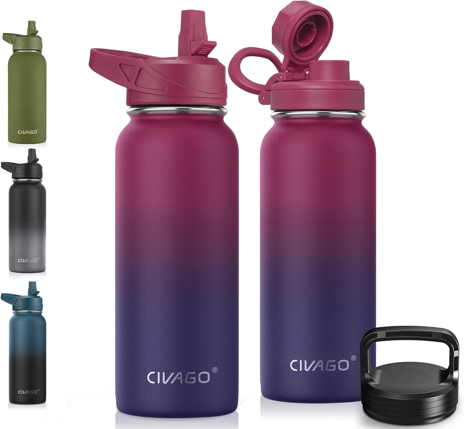 CIVAGO 32 oz Insulated Water Bottle With Straw, Stainless Steel Sports Water Cup Flask with 3 Lids (Straw, Spout and Handle Lid), Wide Mouth Travel Thermal Mug, Dark Rainbow