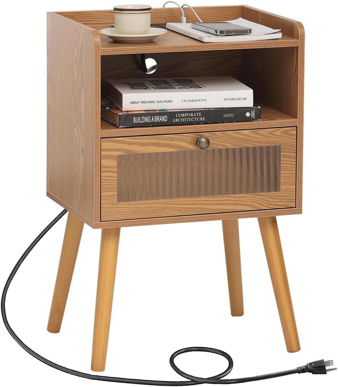AWASEN Mid Century Nightstand with Charging Station, Modern Bedside Table with Glass Decorative Drawer, Small End Table Side Table with 2 Tiers Storage for Bedroom, Living Room and Office (Brown)