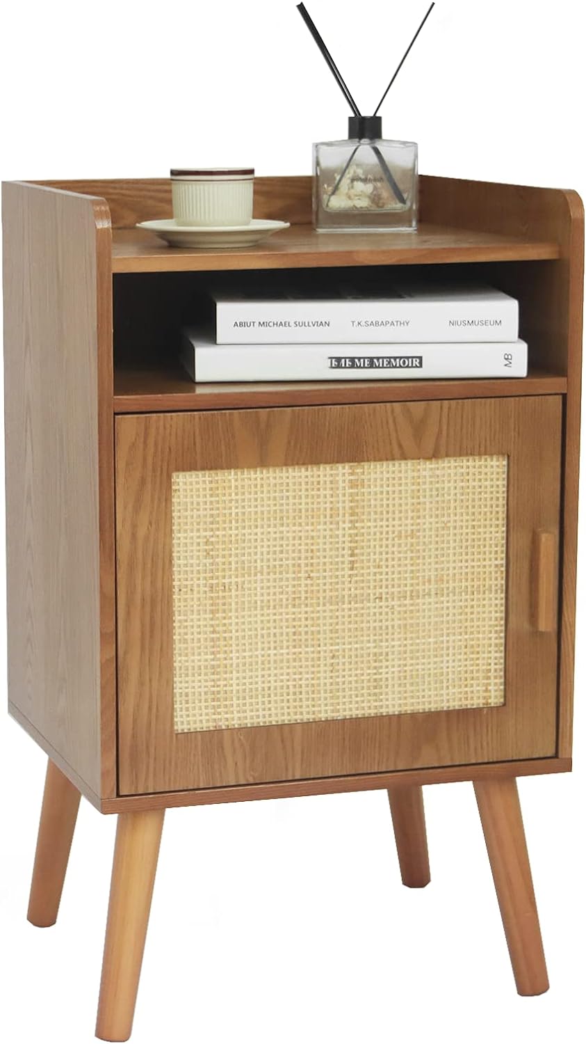 AWASEN Mid Century Modern Nightstand, Rattan Nightstand with 2-Tier Shelf and Door, Bedside Table with Storage for Small Spaces, Bedroom,Living Room, Easy Assembly, Brown Walnut