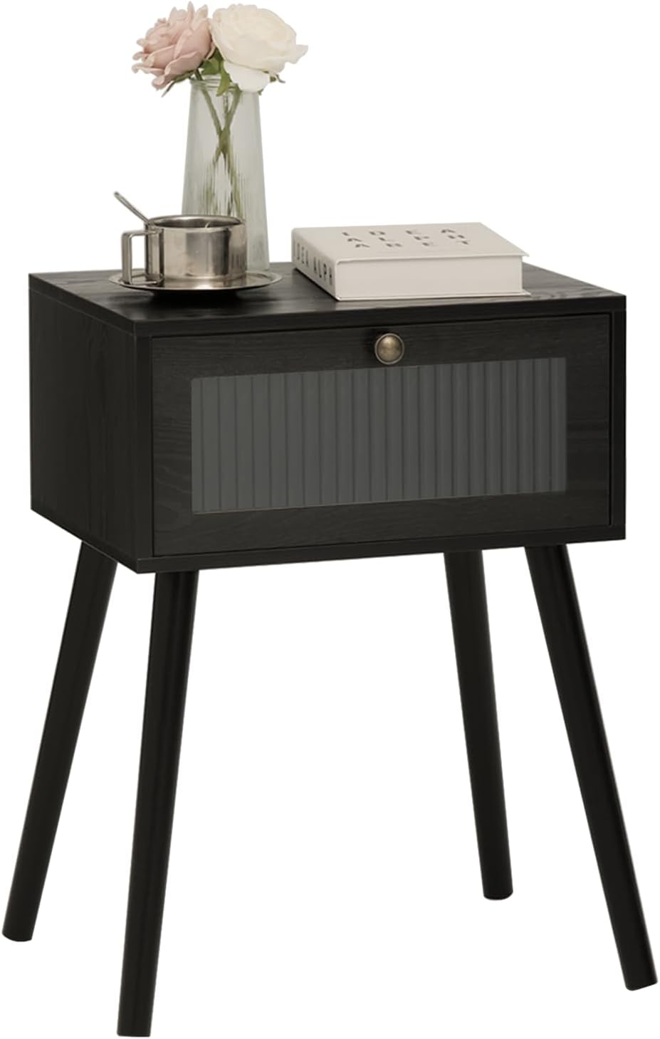 AWASEN Small Nightstand with Drawer, Black Modern Bedside Table with Storage, Side Table Bedroom End Table with Storage and Solid Wood Legs for Living Room and Small Space (Black)