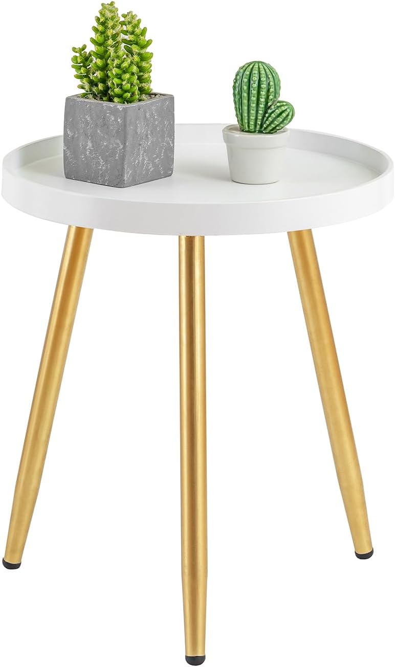 Round Side Table Wooden Tray Table with Metal Tripod Stand Nightstand Coffee Table End Table for Living Room Bedroom Office Small Spaces, 18 H x 15D (White & Gold)