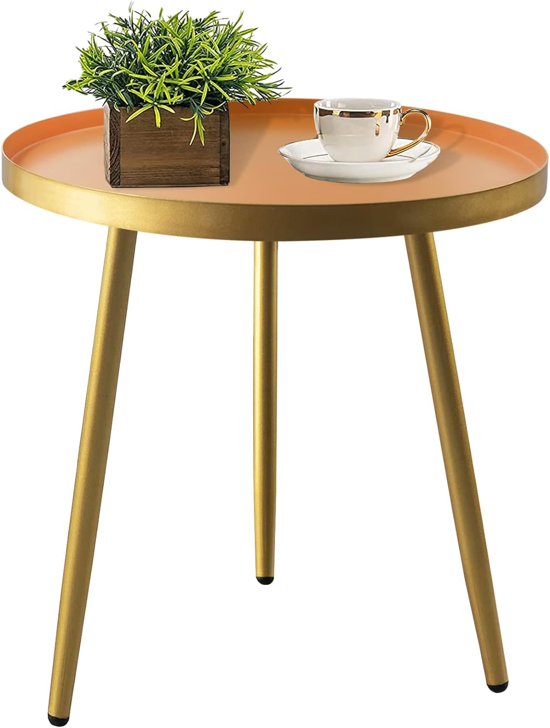 CADANI Side Table, Round Side Table Ideal for Any Room, Metal Accent Table for Small Spaces, Orange Tray with 3 Gold Legs End Table, 15.8x18.9inches