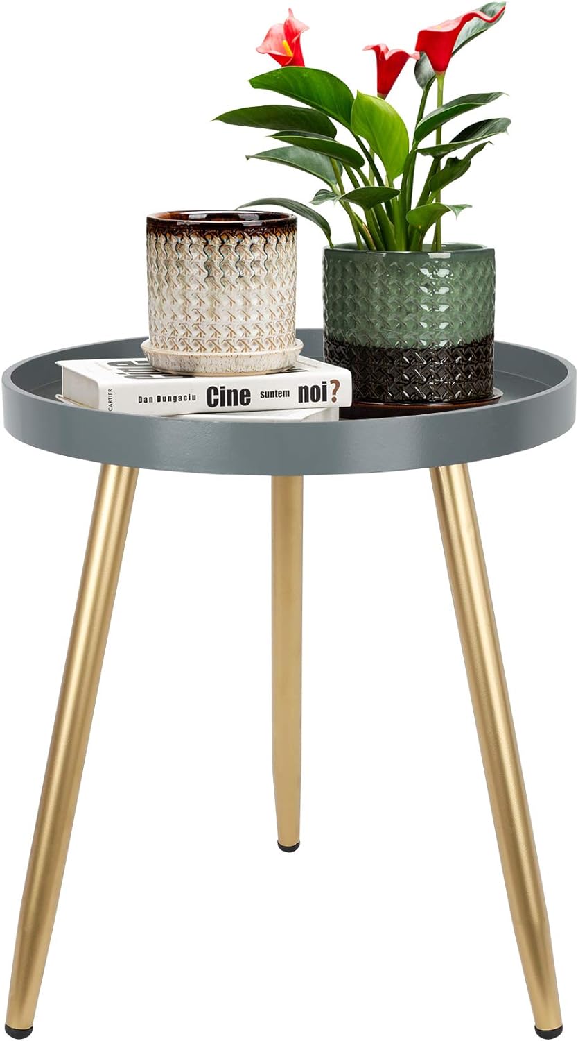Tripod Small Side Table, Round Mid Century Coffee Table for Small Places, Grey Wood Bedside End Table Easy to Assemble, Easy to Clean, Grey, 18 H X 15 D