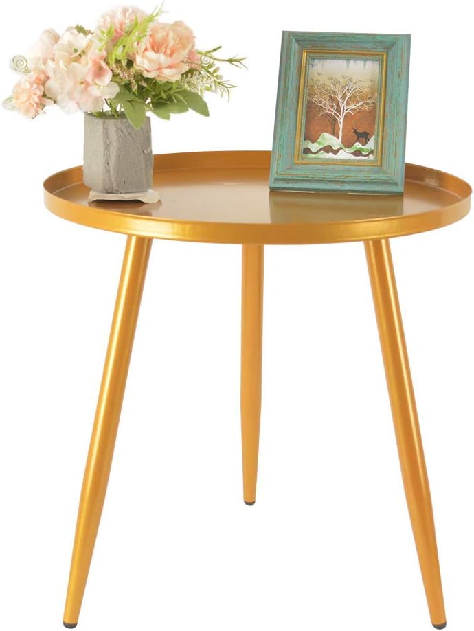 Round Metal Side Table, Outdoor Side Table, Small Sofa, Coffee Table, Indoor Accent Table, Waterproof Removable Tray Table, Living Room Bedroom Balcony Office, Easy to Assemble, Golden