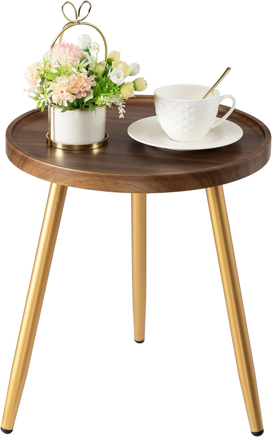 danpinera Round Side Table, Metal Legged Accent Table with Wooden Tray, Small Round End Table for Living Room, Bedroom, Nursery, Brown & Gold