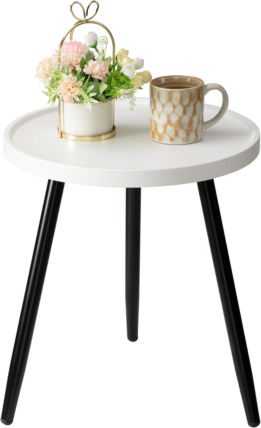 danpinera Round Side Table, Metal Legged Accent Table with Wooden Tray, Small Round End Table for Living Room, Bedroom, Nursery, White & Black