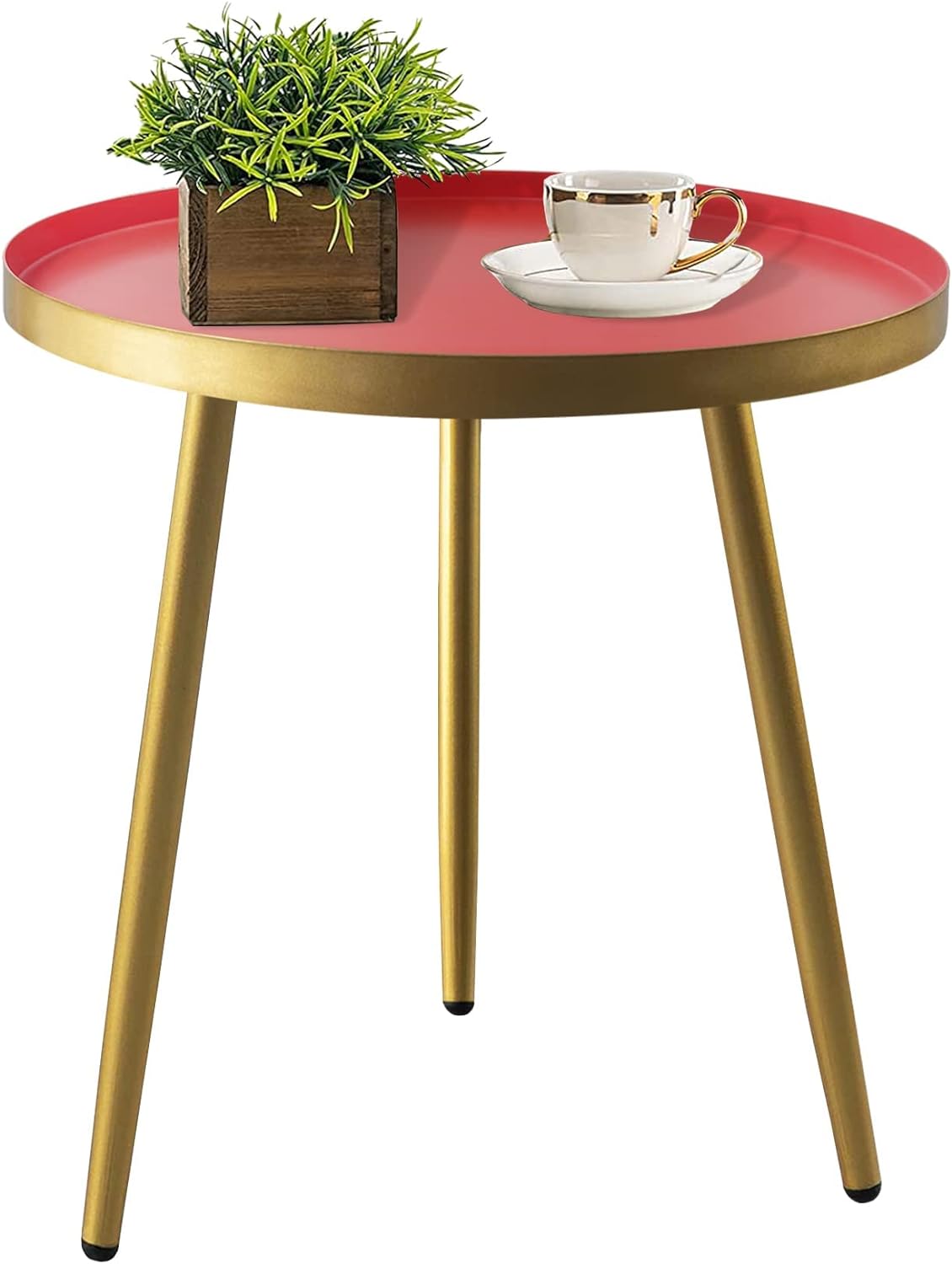 Round Side Table, End Table for Any Room-Side Tables Living Room, Side Tables Bedroom, Red Metal Tray End Table with Gold Legs Base, 15.8x18.9inches