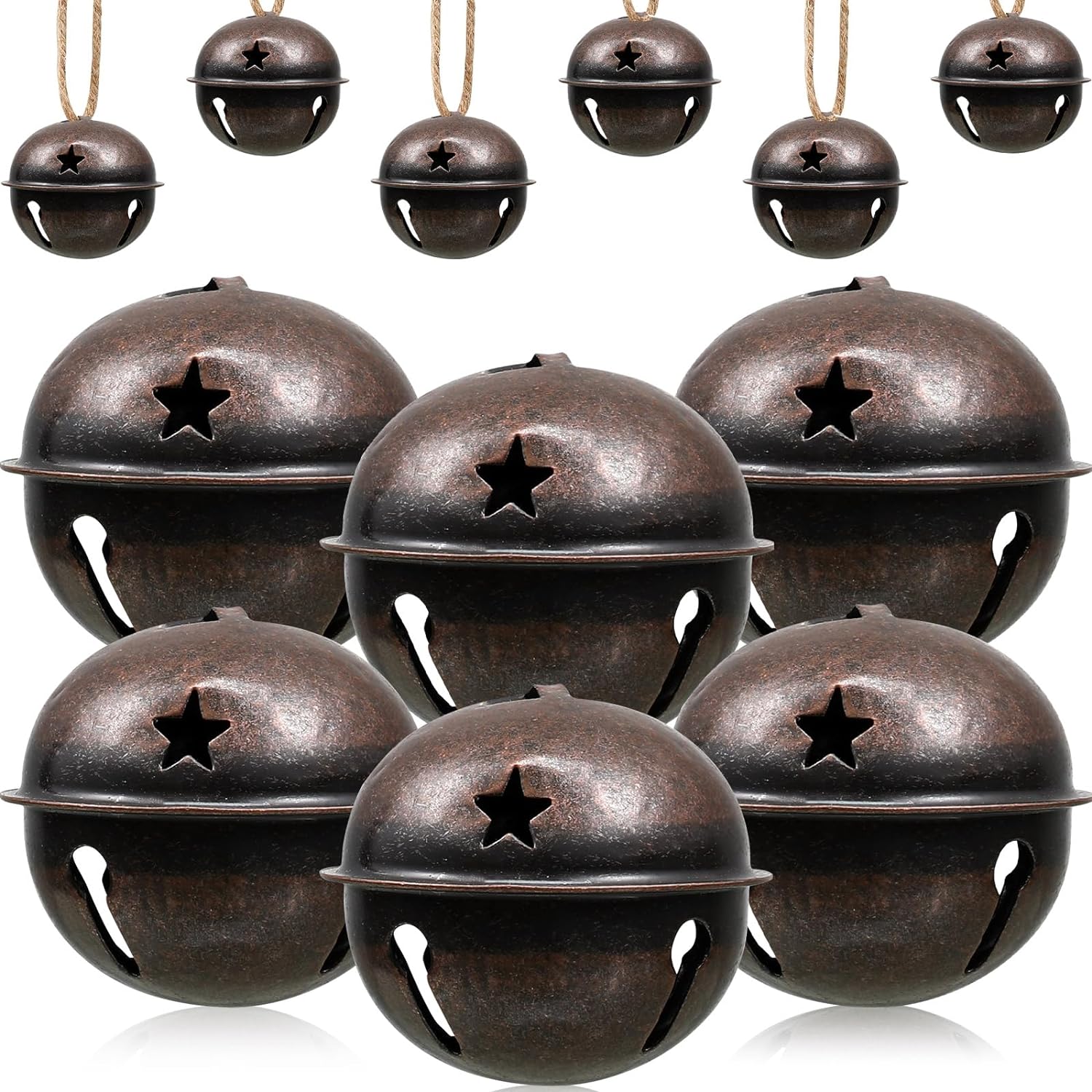 Zubebe 2.5 Inch Christmas Bells Large Big Size, Christmas Star Cutout Colorful Sleigh Bell Ornament Metal Craft Bells for Gift Wrapping Christmas Tree Decor (Red Bronze,12 Pcs)