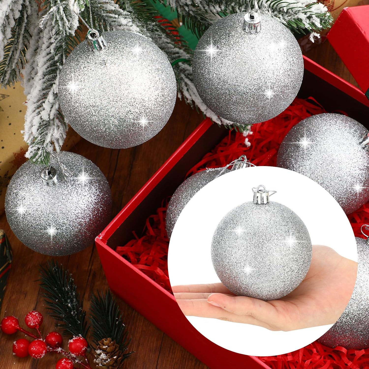 Zubebe 12 Pieces Large Christmas Ornaments Balls, Glitter Snowball Ornaments for Christmas Tree, Plastic Hanging Christmas Tree Balls for Xmas Wedding Party Decorations(Silver)