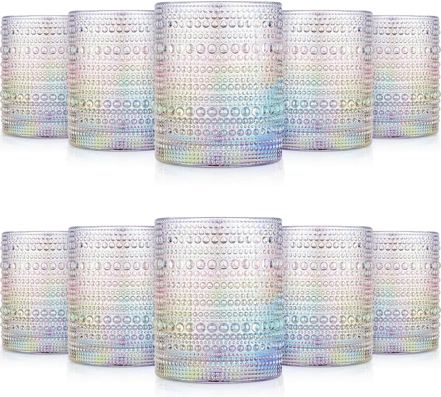 Zubebe 12 Count Hobnail Drinking Glasses 11oz Old Fashioned Embossed Glasses Vintage Rocks Drinking Glasses Lowball Glasses Tumbler for Beer, Cocktail, Soda, Juice, Beverage (Iridescent)