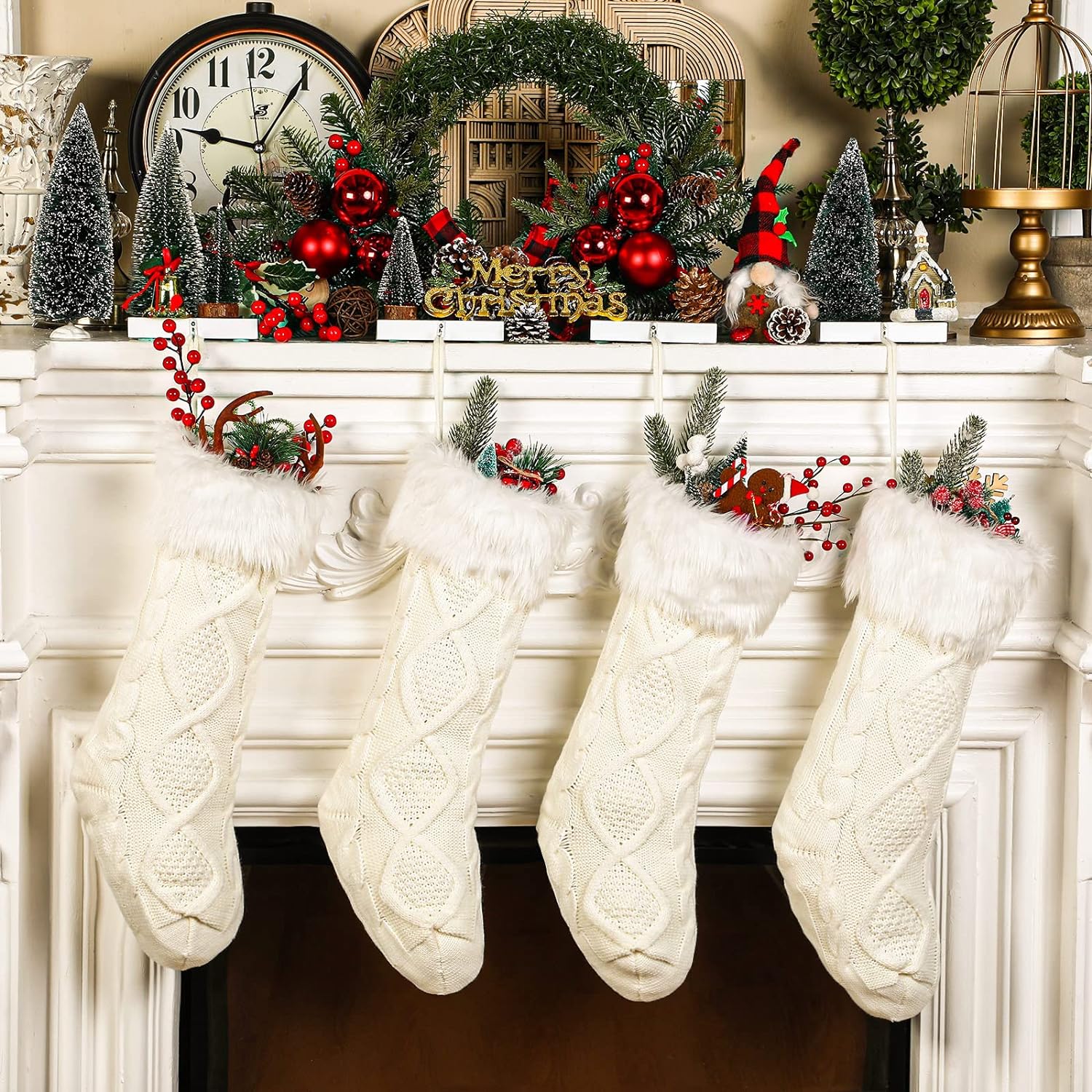 Zubebe 4 Pieces Cable Knitted Christmas Stocking Bulk 15 Inch Farmhouse Knit Christmas Stockings Black and White Christmas Decoartion Knit Stockings with Plush Faux Fur for Family Holiday Fireplace