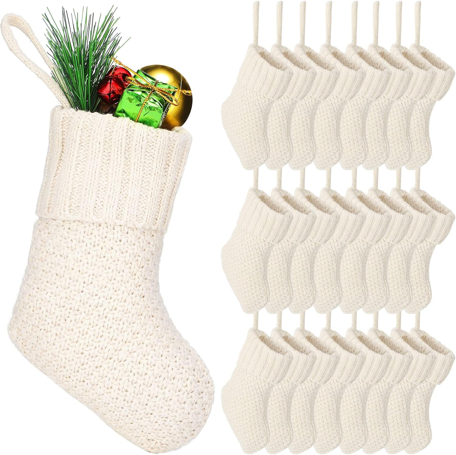 Zubebe 24 Pcs 7 Inch Knit Christmas Stockings Christmas Mini Stockings Rustic Stocking Decorations Knit Farmhouse Cable Knit Xmas Stocking Hanging Christmas Tree Ornament (Ivory)