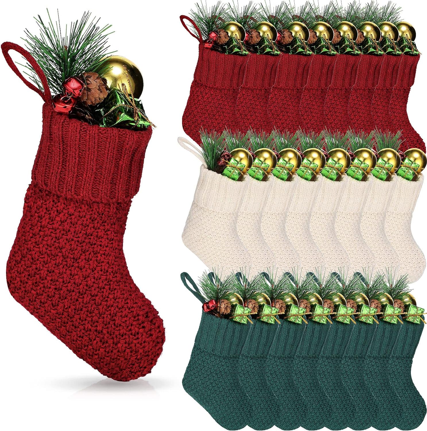 Zubebe 24 Pcs 7 Inch Knit Christmas Stockings Christmas Mini Stockings Rustic Stocking Decorations Knit Farmhouse Cable Knit Xmas Stocking Hanging Christmas Tree Ornament (Burgundy Ivory Green)