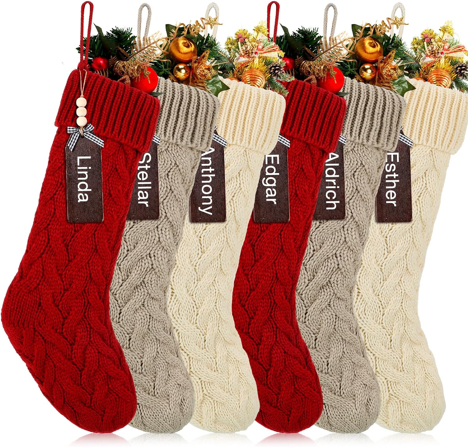 Zubebe 6 Set Knit Christmas Stocking with Name Tags 18 Large Cable Knitted Xmas Stocking Decorations Personalized Christmas Stocking for Farmhouse Family Holiday Xmas Party (Red, White, Linen)