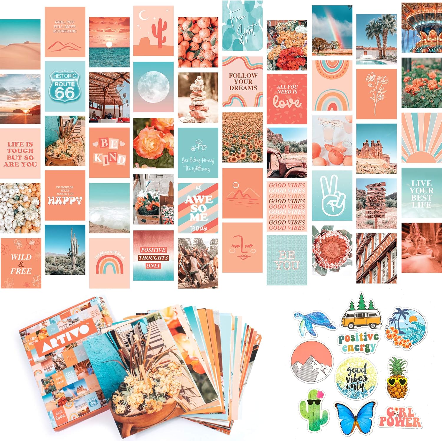 Peach Aesthetic Wall Collage Kit, Room Decor for Teen Girls, Peachy Teal Wall Art Print, Dorm Photo Collection, Boho Posters for Room Aesthetic (Peach)