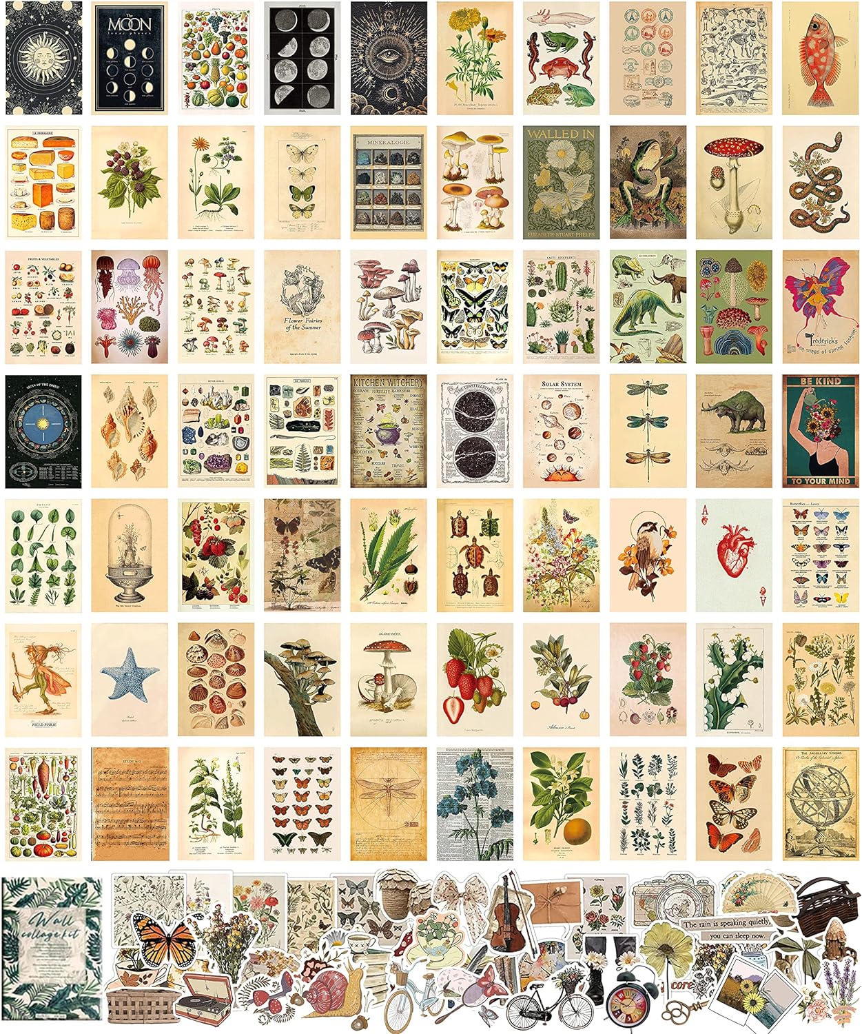 120 Pcs Vintage Wall Collage Kit Aesthetic Pictures with Pretty Stickers Posters for Room Aesthetic Vintage Botanical Wall Art Cute Dorm Photo Wall Decor for Teen Girls