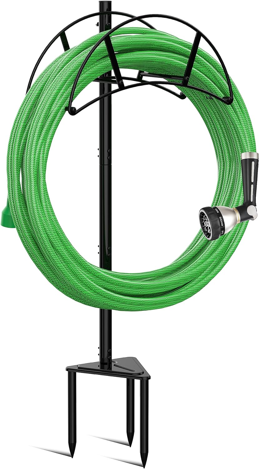 Garden Hose Stand /Hanger Freestanding, Water Hose Holder Stake, In ground Heavy Duty Hose Rack Organizer Outdoor for Outside Yard, Sturdy to Hold 150ft Hose (Metal, Black)
