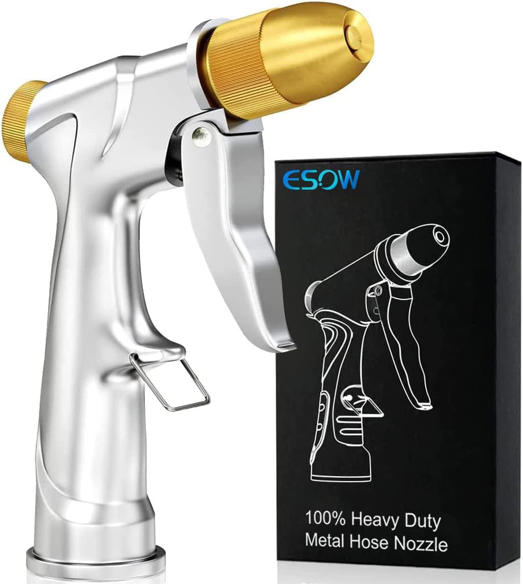 ESOW Garden Hose Nozzle, 100% Heavy Duty Metal Spray Gun with Full Brass Nozzle, 4 Watering Patterns Watering Nozzle- High Pressure Pistol Grip Sprayer for Watering Plants, Car Wash and Showering Dog