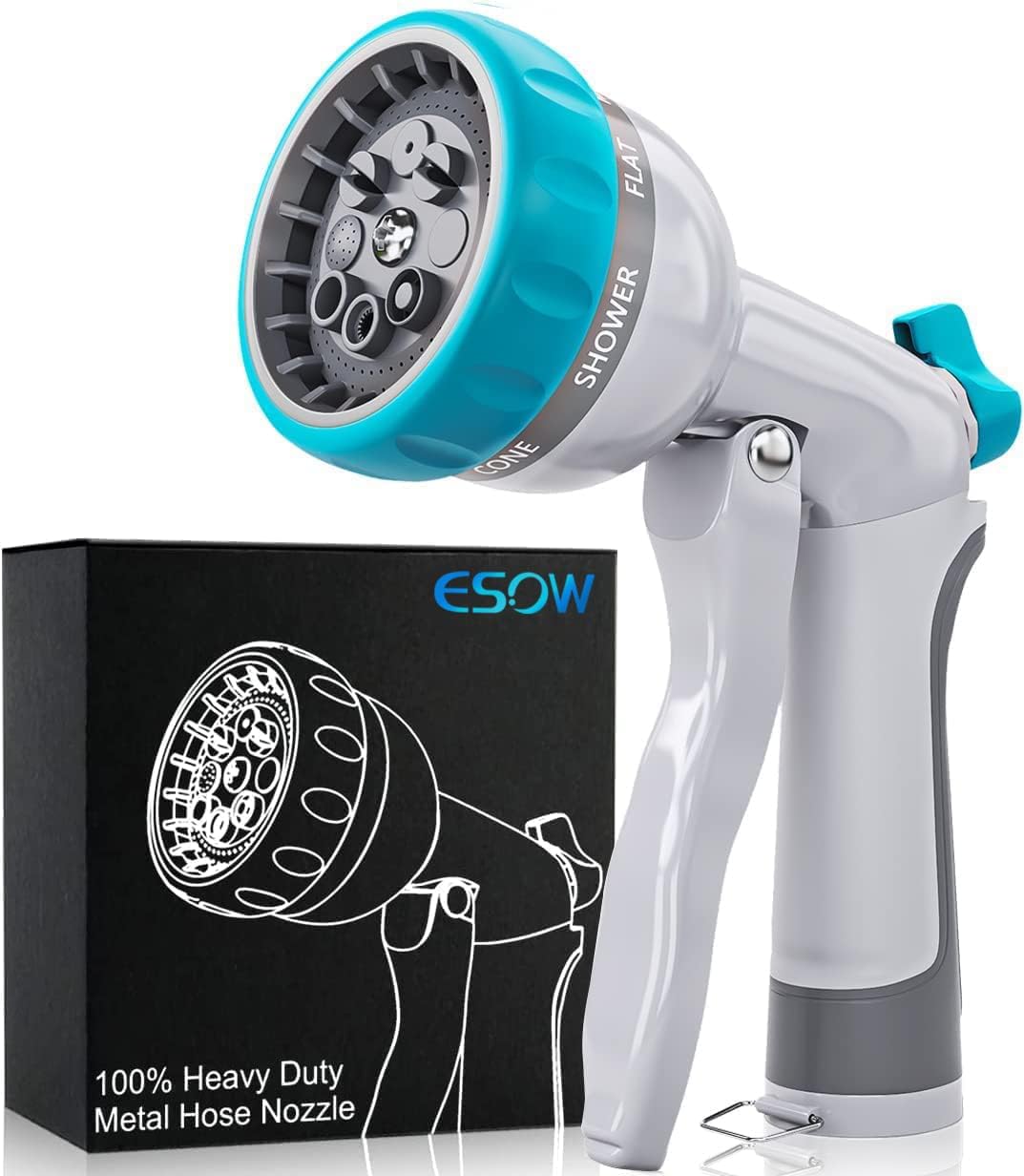 ESOW Garden Hose Nozzle Heavy Duty, 8 Adjustable Patterns Metal Water Hose Nozzle, High Pressure Hand Sprayer with Flow Control, Best for Watering Plant & Lawn, Pets Shower, Car Washing, Cyan