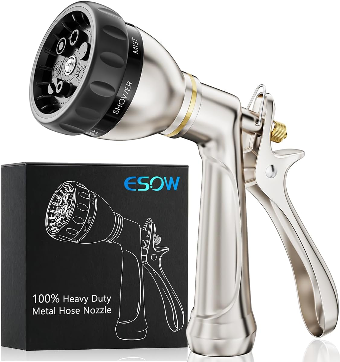 ESOW Garden Hose Nozzle 100% Heavy Duty Metal, Water Hose Sprayer with 7 Watering Patterns, Rear Trigger Design, High Pressure Nozzle Sprayer for Watering Plants, Car and Pet Washing