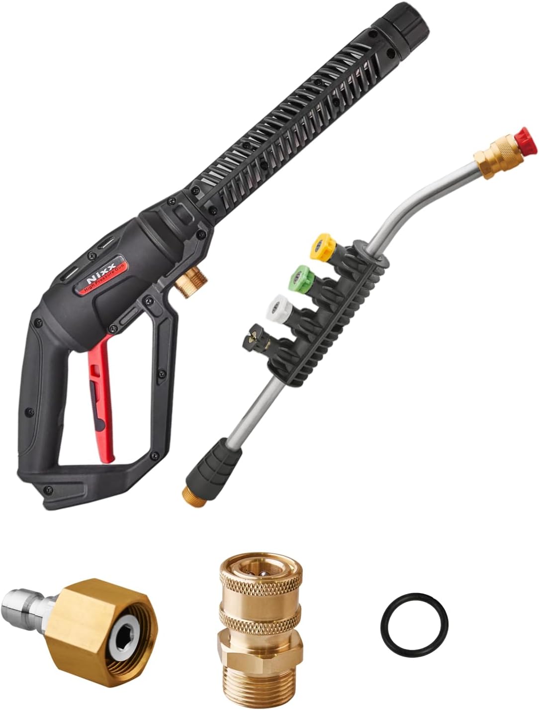 Powerful Nixx Pressure Washer Gun with Curved Angled Lance, Extension Wand, Sprayer Nozzle Tips, Quick Connect Kit - 4000PSI, M22 14mm Fitting, Adapter Set - Replacement Included