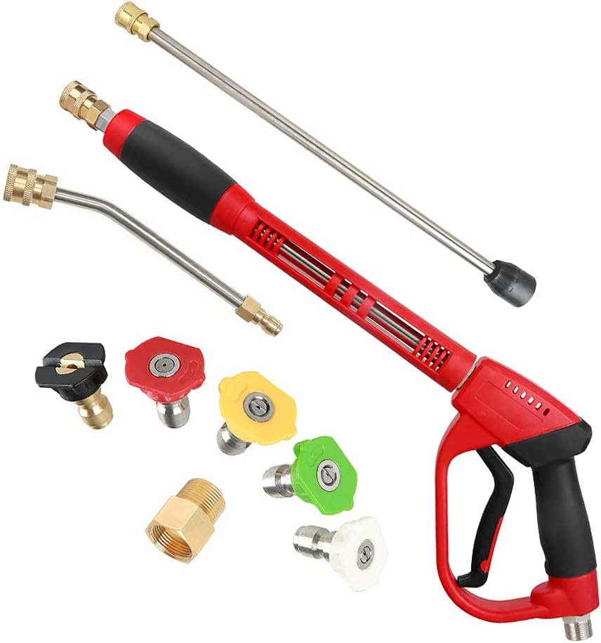 Upgraded Pressure Washer Gun with Extension Replacement Wand, M22 Fitting,7 Inch 30 Degree Curved Rod, 5 Nozzle Tips, 5000 PSI, 47 Inch