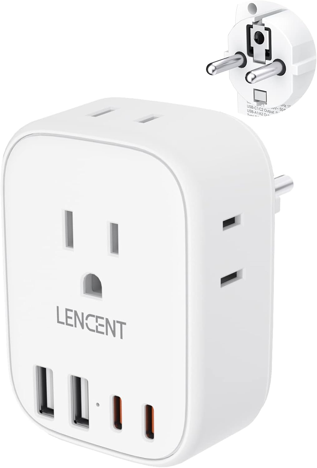 LENCENT Germany France Travel Power Adapter, Schuko Type E/F Power Plug Adaptor with 4 USB Ports(2 Type C),4 Outlet Converter, US to EU Spain French German Greece Norway Iceland Korea, Cruise Approved