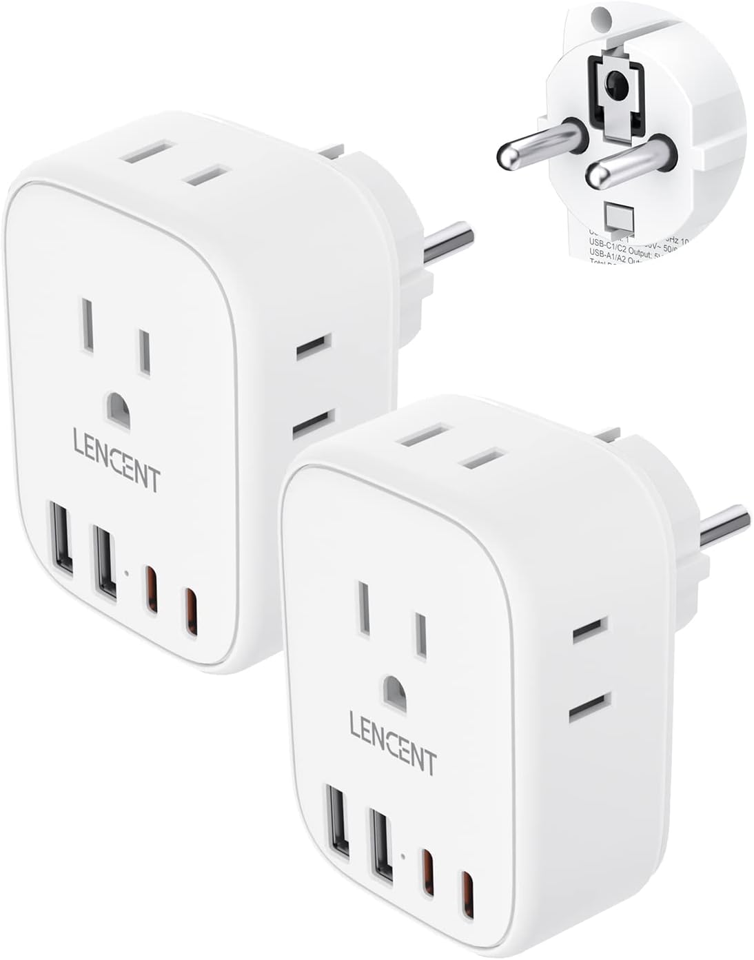 LENCENT 2 Pack Germany France Travel Power Adapter, Schuko Type E/F Power Plug Adaptor with 4 USB Ports(2 Type C),4 Outlet Converter, US to EU Spain French German Norway Iceland Korea, Cruise Approved