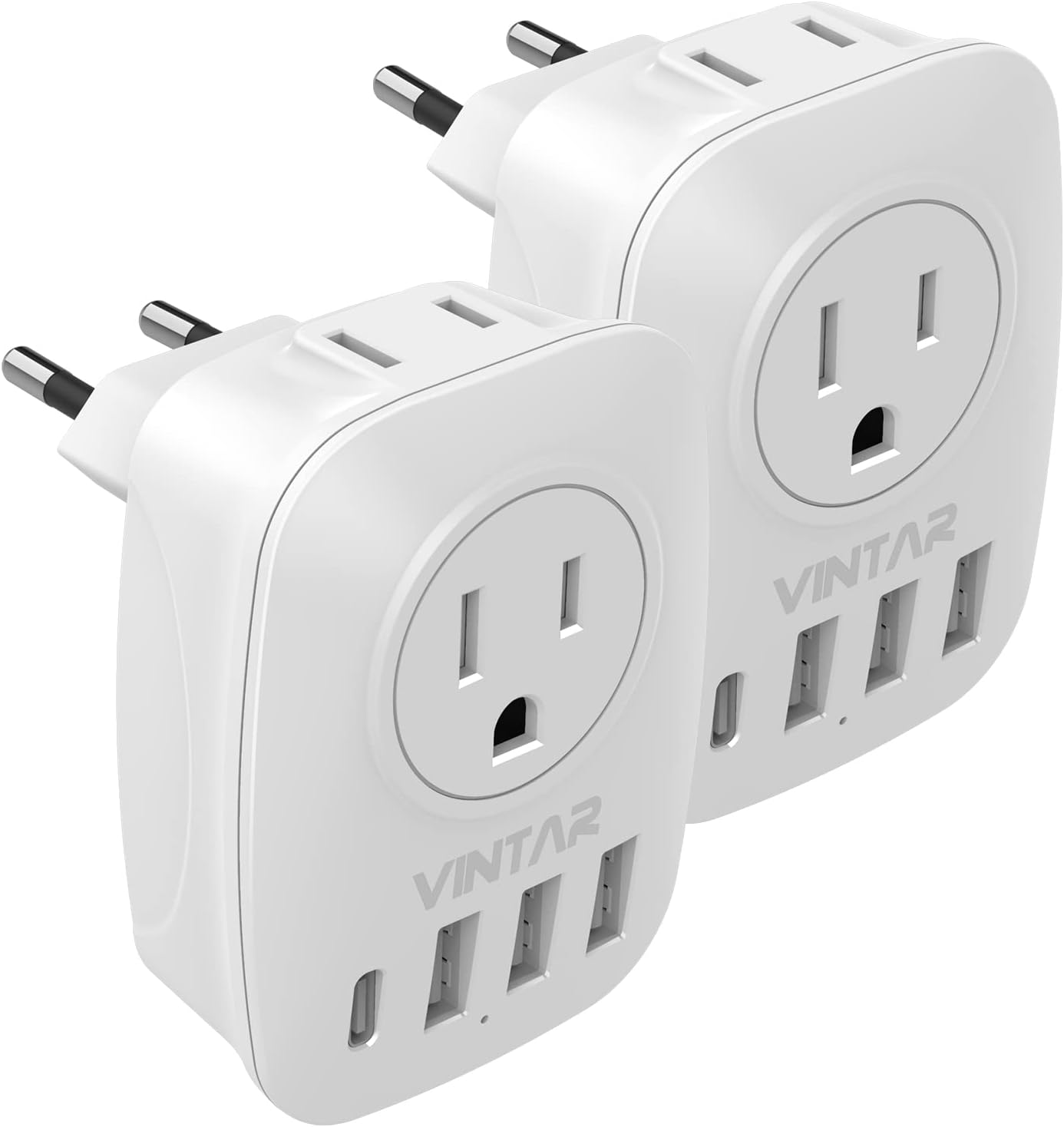 [2-Pack] European Travel Plug Adapter, VINTAR International Power Plug Adapter with 2 Outlets, 3 USB and 1 USB-C, 6 in 1 Travel Essentials for US to Most of Europe EU Italy France Spain Greece, Type C