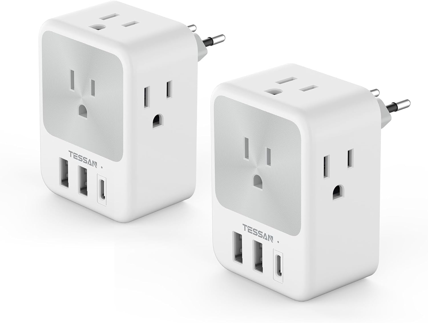 European Travel Plug Adapter 2 Packs, TESSAN US to Europe Power Adaptor with 4 Outlets 3 USB Charging Ports (1 USB C), Type C Plug for USA to Most of EU Germany Iceland Spain Italy France