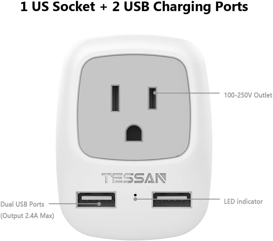 TESSAN Type E/F Germany European Adapter 2 Pack, Schuko France Travel Power Plug 2 USB, Outlet Adaptor Charger for US to Most of Europe EU Spain Iceland German French Russia Korea Norway Greece