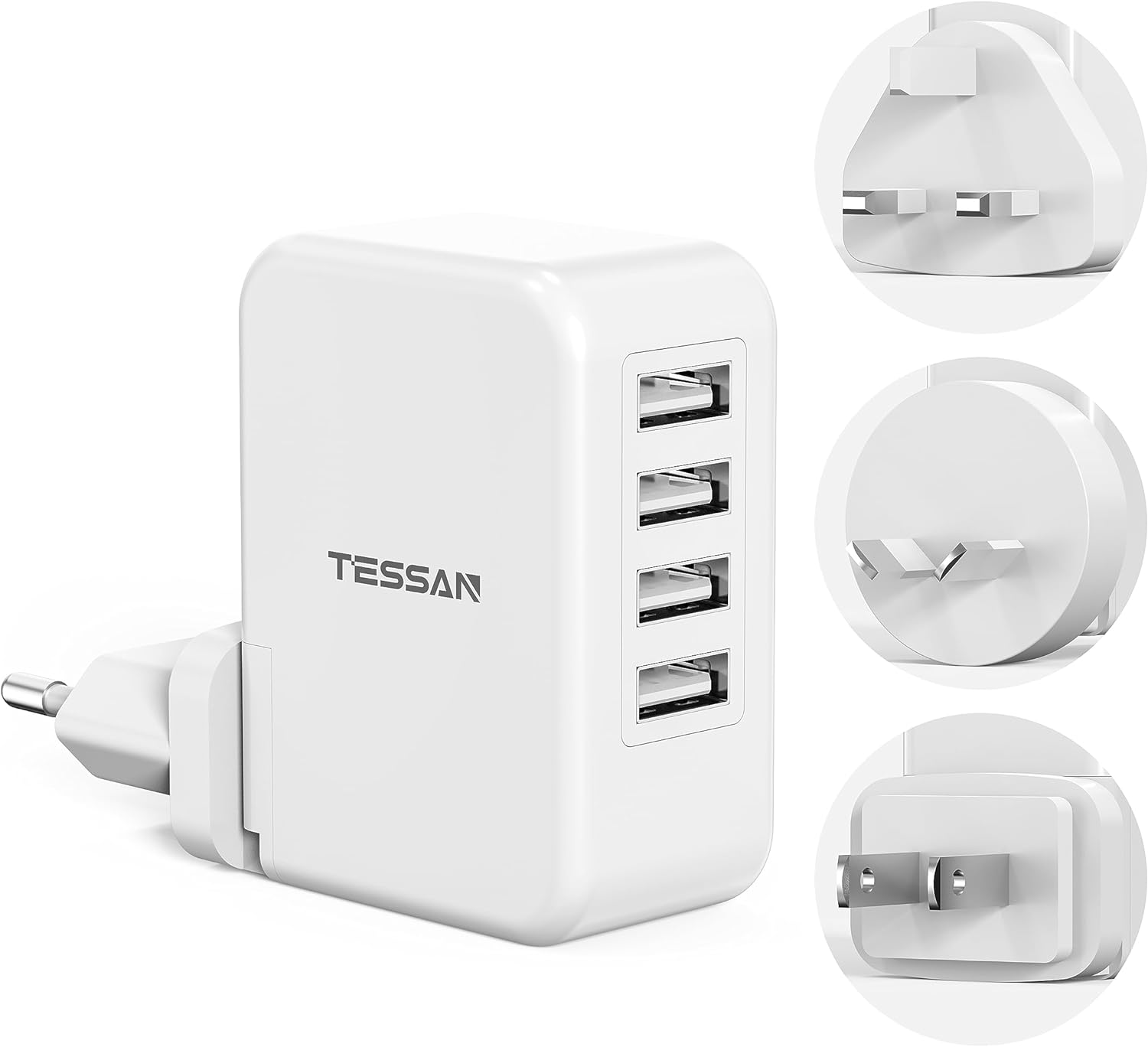 European USB Adapter, TESSAN Europe Travel Plug Adapter with 4 USB Ports, Detachable International Plug Adapter, Multiple USB Power Adaptor for EU UK France Germany Australia (Type C/G/A/I)