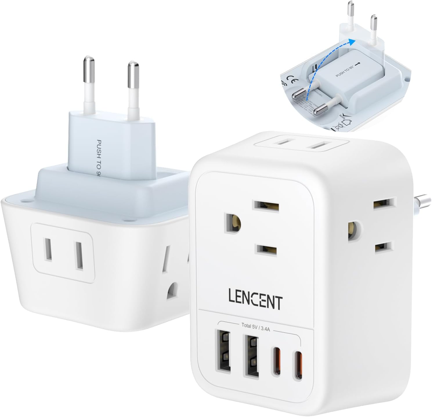 LENCENT European Travel Plug Adapter, International Type-C Foldable Power Plug with 4 Outlets, 4 USB (2 USB C) Charger Adaptor, US to Most of Europe EU Spain Italy France Germany, Cruise Ship Approved