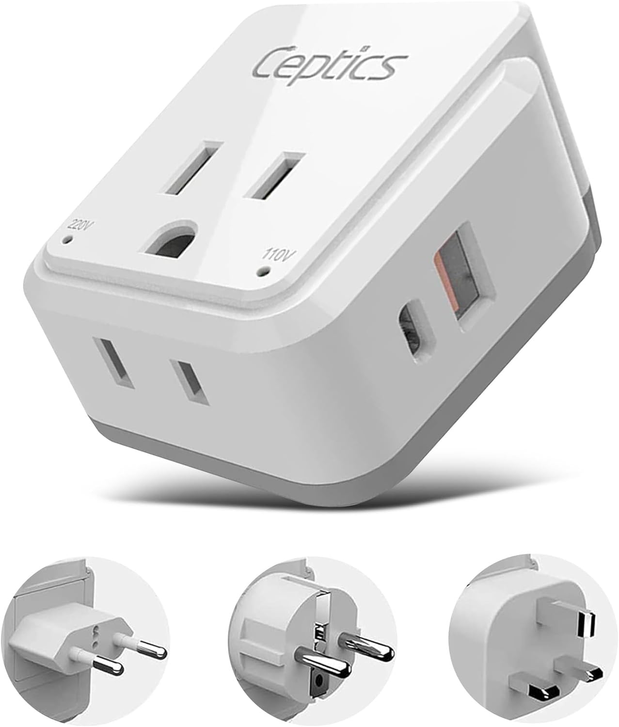 Ceptics European Plug Travel Adapter Set, 20W PD & QC, Safe Dual USB & USB-C - 2 USA Socket - Compact - Use in Germany, France, Italy, UK - Includes Type E/F, Type C, Type G SWadAPt Attachments