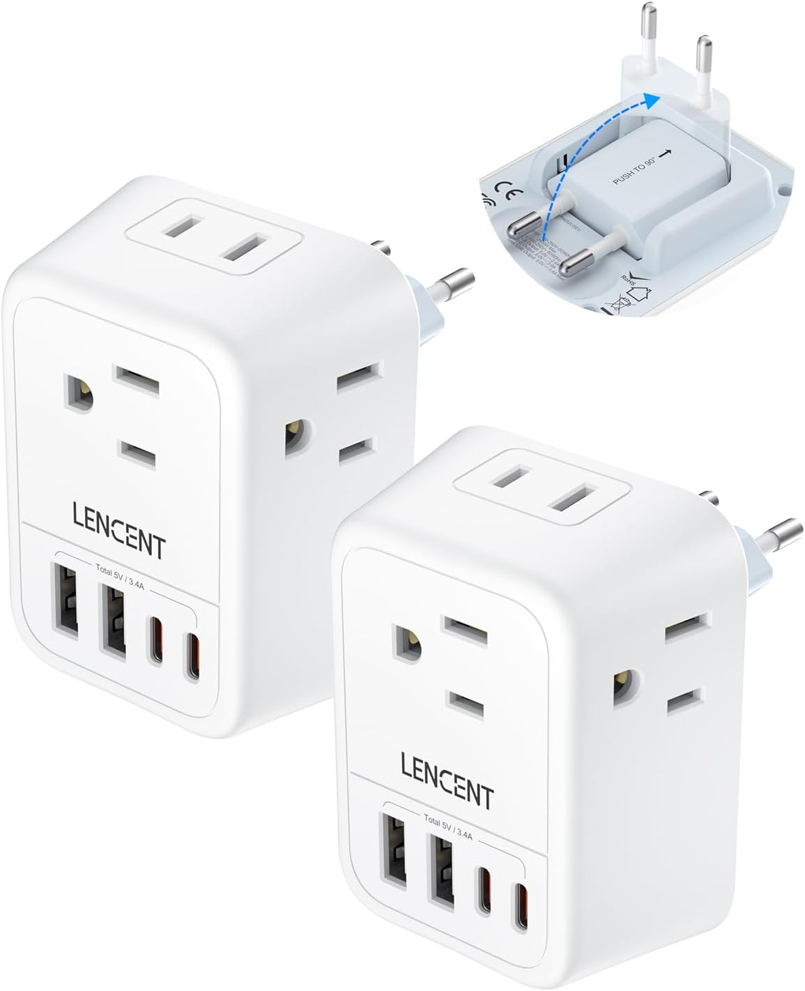 LENCENT 2 Pack European Travel Plug Adapter, International Type-C Foldable Power Plug with 4 Outlets, 4 USB(2 USB C)Charger Adaptor, US to Most of Europe EU Italy Spain France Germany, Cruise Approved