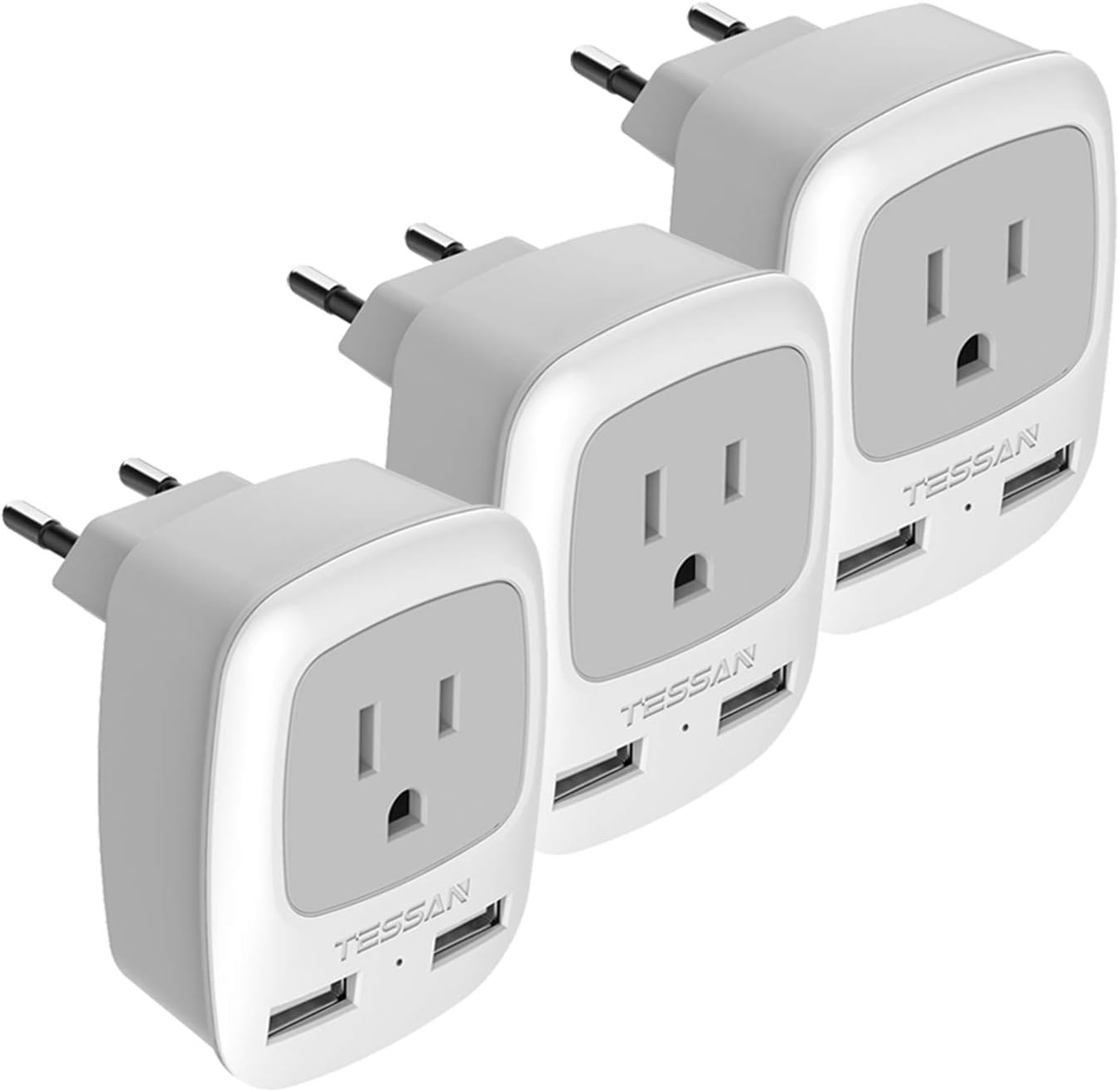 European Travel Plug Adapter 3 Pack, TESSAN International Power Adaptor 2 USB, Type C Outlet Adapter Charger USA to Most of Europe EU Spain Iceland Italy Germany France Israel