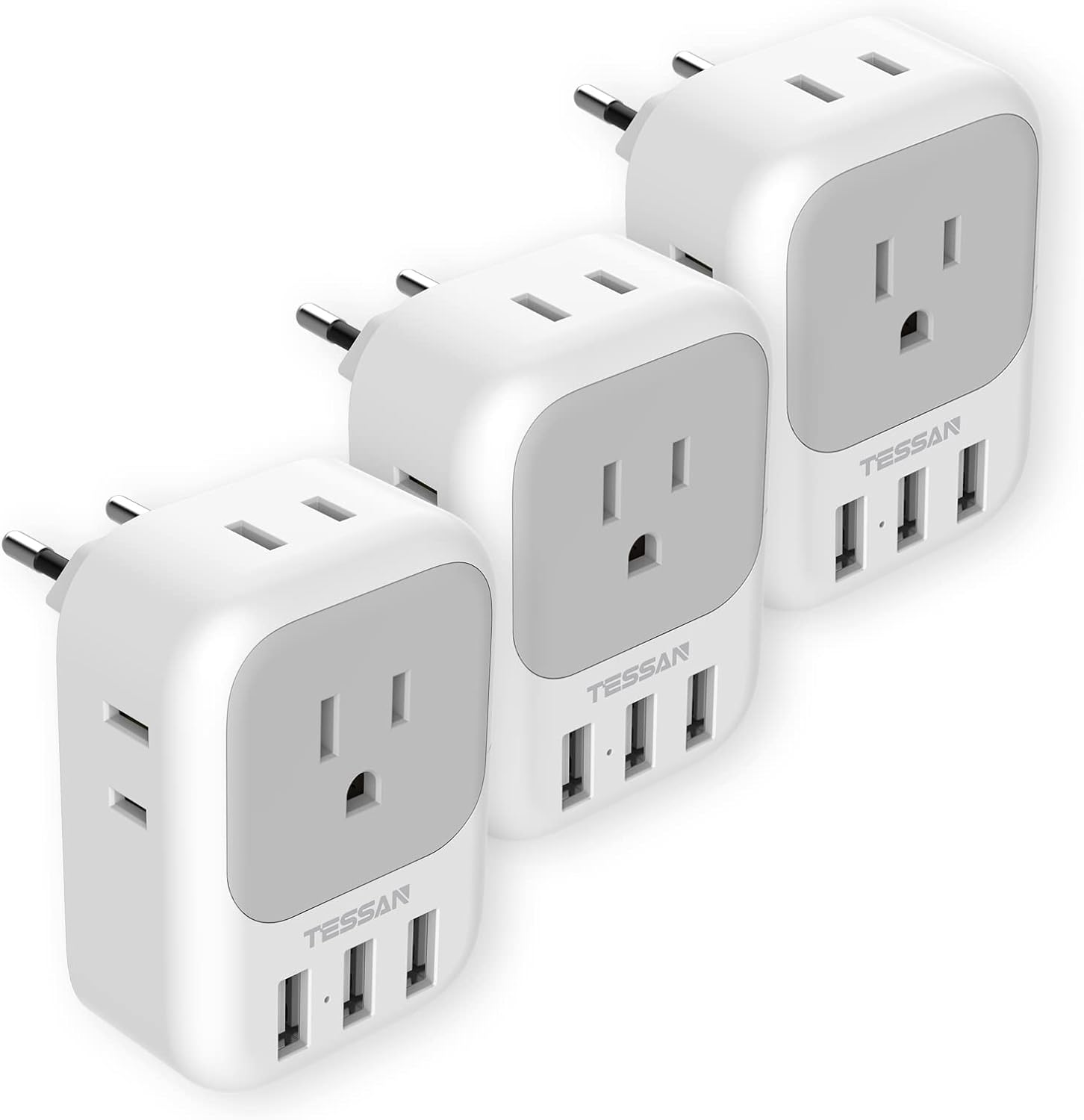 TESSAN 3 Pack European Travel Plug Adapter, US to Europe Power Adapter with 4 AC Outlets and 3 USB, Type C Charger Adaptor Converter for USA to EU Italy France Spain Iceland Greece Germany Paris