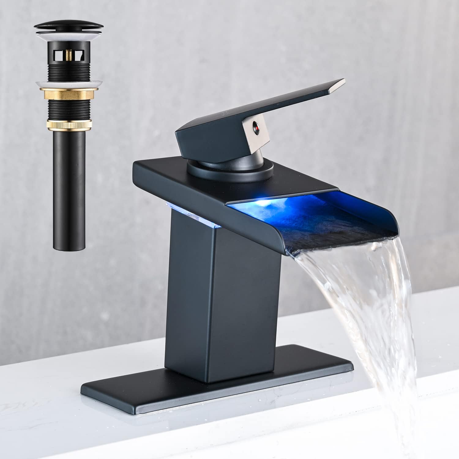 LED Bathroom Sink Faucet, Matte Black Waterfall Single Hole Handle Vanity Faucets for Sinks 1 Hole with Metal Pop Up Drain and 2 Water Supply Lines, Stainless Steel Spout