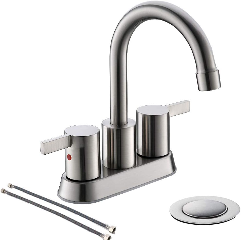 Phiestina Brushed Nickel 4 Inch 2 Handle Centerset Lead-Free Bathroom Sink Faucet, with Copper Pop Up Drain and Water Supply Lines,BF015-1-BN