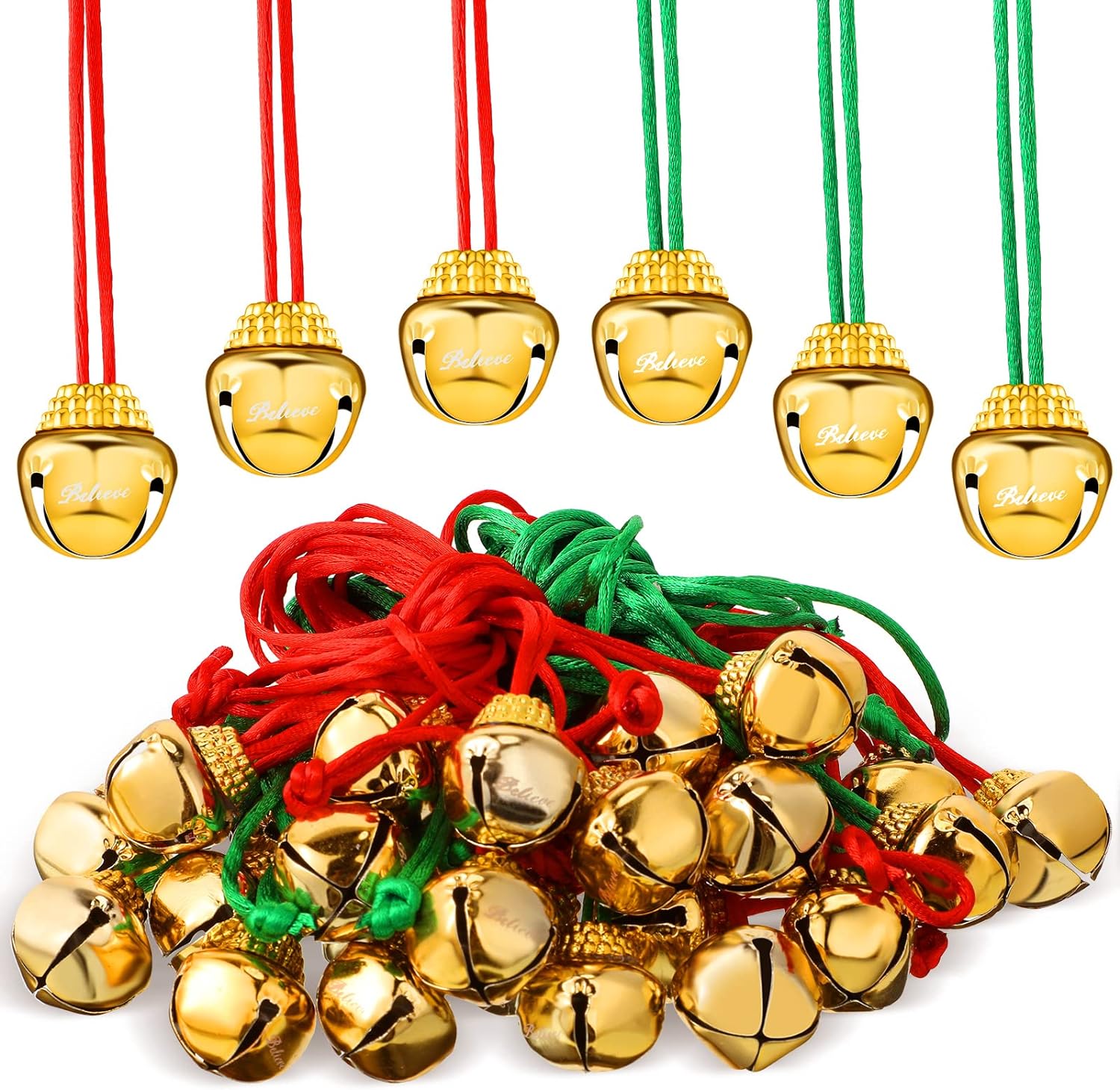 Zubebe 120 Pcs Christmas Bell Necklaces Believe Large Bell Necklaces Holiday Christmas Necklace for Kids Women Costume Craft Party Supplies