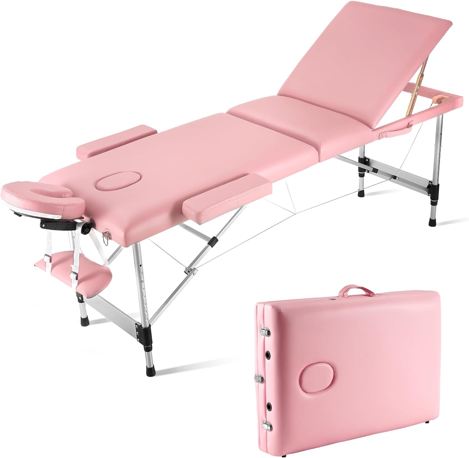 Careboda Portable Massage Table Upgraded 2 Thick Sponge, Height Adjustable Aluminum Massage Bed with Headrest, Armrests and Carry Bag, Professional Massage Tables for Spa, Salon, Tattoo Macaron Pink