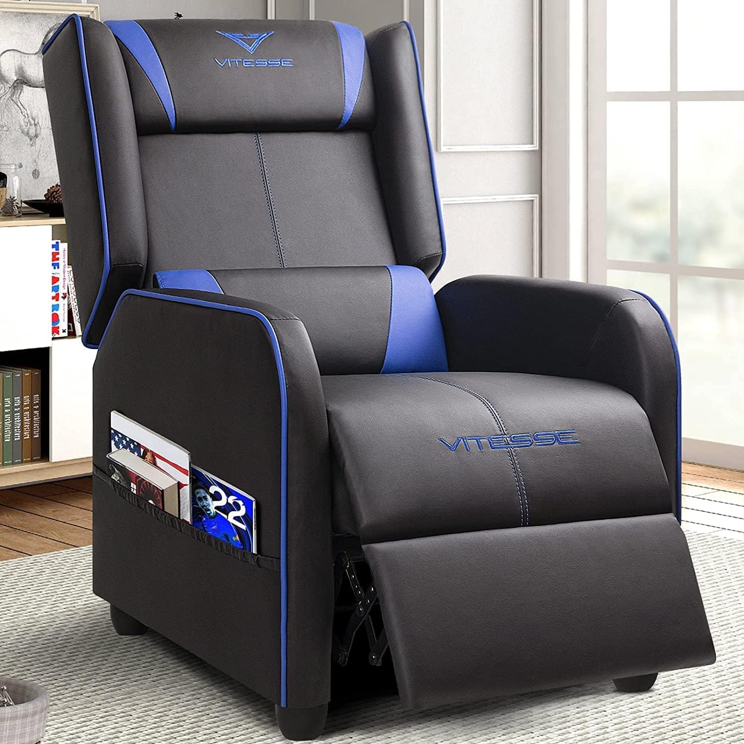 Vitesse Gaming Recliner Chair Racing Style Single Ergonomic Lounge Sofa Modern PU Leather Reclining Home Theater Seat for Living Gaming Room (Blue)