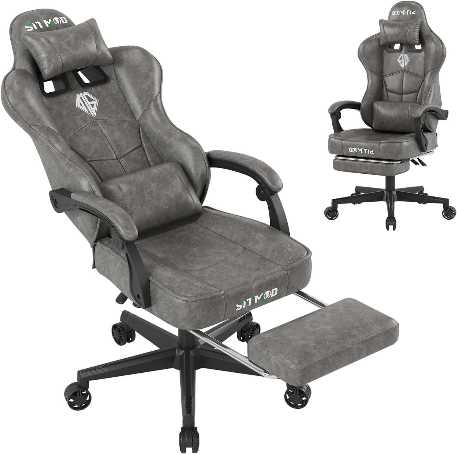 Gaming Chair with Footrest, Ergonomic Video Gamer Chair with Headrest Lumbar Support, Computer Office Chair PU Leather Height Adjustable 360 Swivel Game Chair for Adult-Grey