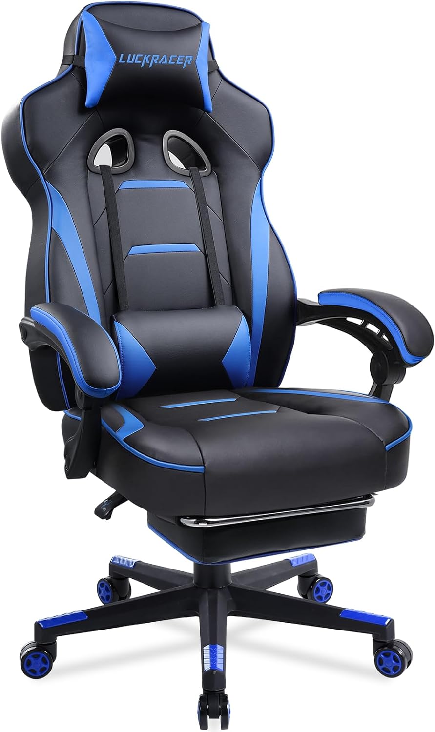 Computer Gaming Chair with Legrest, Ergonomic Computer Chair with Footrest Gamer Chair PU Leather Swivel Lumbar Support Racing Style E-Sports Game Chairs by GTRACING (Blue)