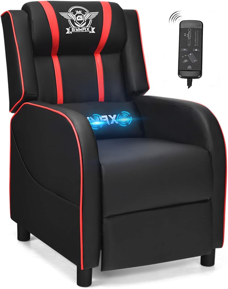 POWERSTONE Gaming Recliner Chair, Reclining Gaming Chair Ergonomic Leather Sofa with Footrest Lumbar Support Headrest and Side Pouch for Living Room Home Theater, Red