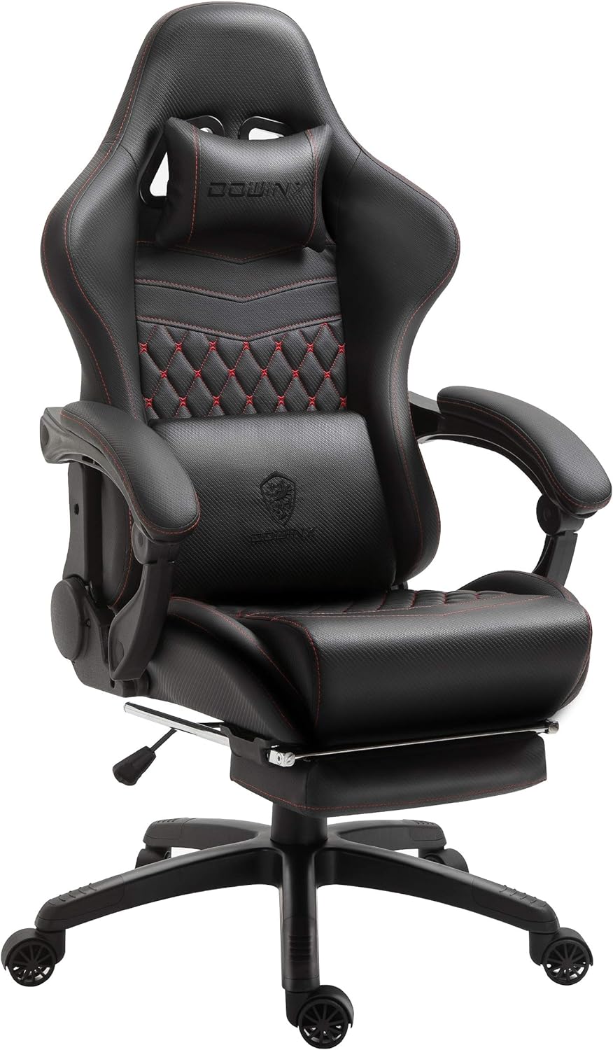 Dowinx Gaming/Office PC Chair with Massage Lumbar Support, Vintage Style PU Leather High Back Adjustable Swivel Task Chair with Footrest (Black and Red)