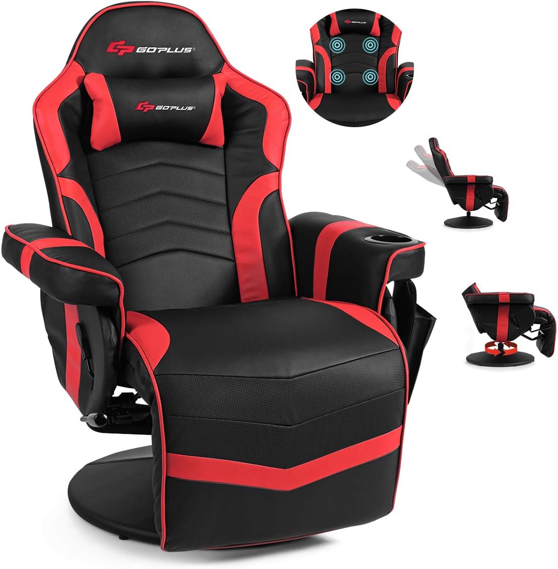 POWERSTONE Gaming Recliner Massage Gaming Chair with Footrest Ergonomic PU Leather Single Sofa with Cup Holder Headrest and Side Pouch, Adjustable Living Room Chair Seating, Red