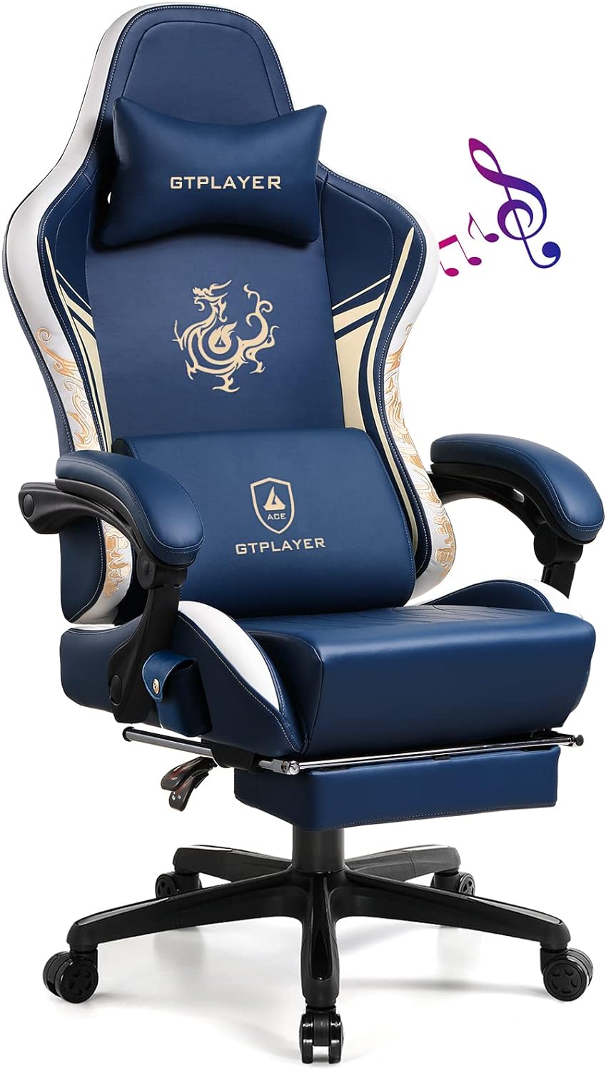 GTPLAYER Gaming Chair with Bluetooth Speakers and Footrest, Dragon Series Video Game Chair Heavy Duty Ergonomic ChairEsports Gaming ChairComputer Office Chair by GTRACING(Royal Blue)