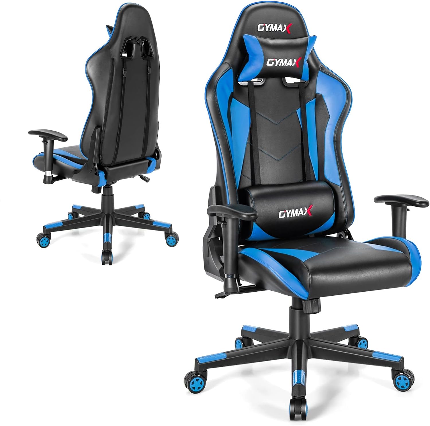 GYMAX Computer Gaming Chair, Racing Style Office Chair with Adjustable Lumbar Support Headrest, 360 Swivel, Height Adjustable Ergonomic Reclining Gaming Chair for Home Office Leisure Room (Blue)